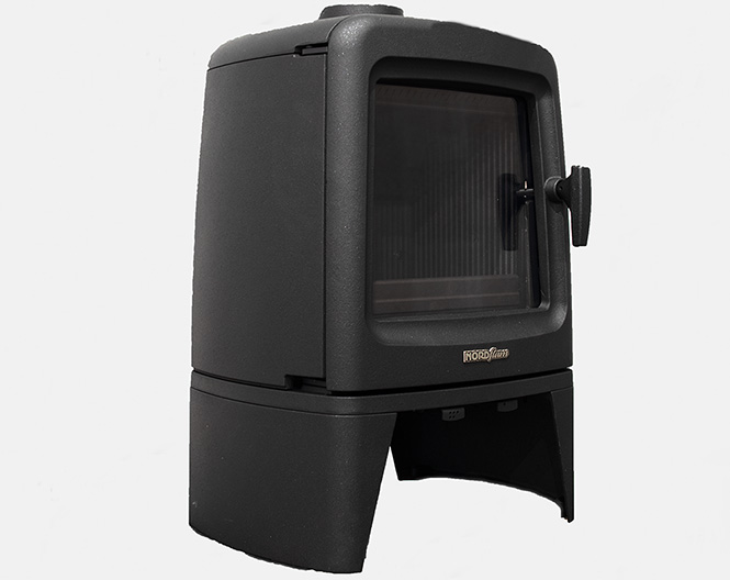 Lekkerstoken.nl, Nordflam Roma, 6,5kw, schuinvoor links kleine kachel gietijzer, hoog rendement, voordelige kachel